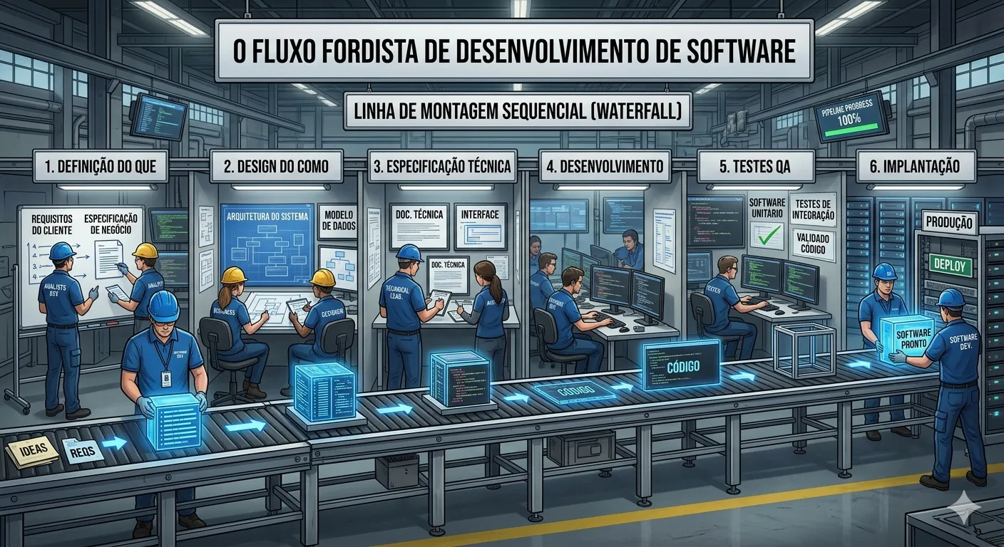 Fluxo clássico de desenvolvimento em cascata: PM, Designer, Tech Lead, Desenvolvimento, Testes, Implantação